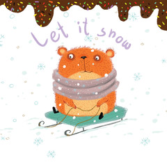 Marry Christmas  NEW Year   snow winter white celebration bear poster cute  funny  animal scate 