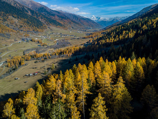 Obraz premium Aerial view of mountain valley in Switzerland. Fall colors during indian summer