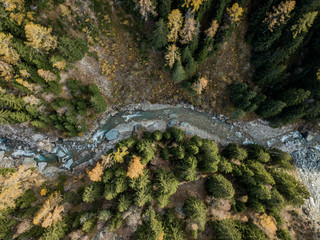 Aerial view of river flowing through forest in alpine valley in Switzerland