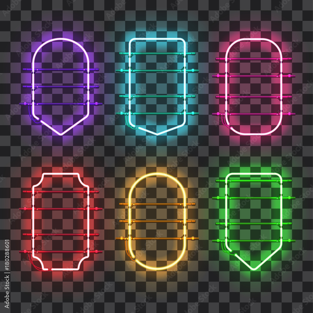 Wall mural set of realistic glowing neon frames of different colors isolated on transparent background. shining