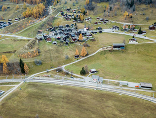 Aerial view of alpine village in Switzerland in fall