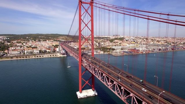 Lisbon, Portugal, aerial view of Ponte 25 de Abril bridge over the Tagus River.