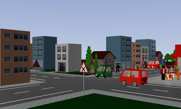 Kreuzung mit rechts vor links Regelung mit zwei bunten Autos. Mit deutschen Straßenschildern.