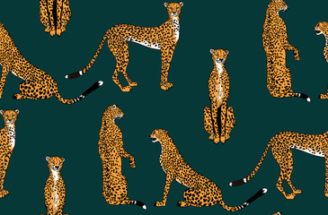 Seamless leopard in different poses pattern. Vector illustration © NKTN