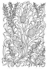 Fototapeta premium Background with flowers and plants. Black and white doodle vector illustration. Coloring book for adult and older children. Coloring page. Outline drawing.