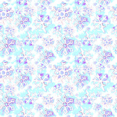 Seamless Snowflakes Winter Pattern. Christmas Hand Drawn Watercolor Falling Snowflakes. Cute Snow Repeatable Background. Print for Textile, Wrapping, Fabric.