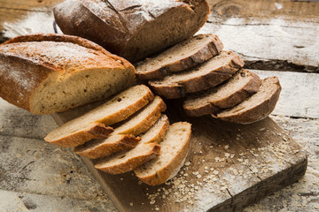 Sliced homemade bread, made with organic components.