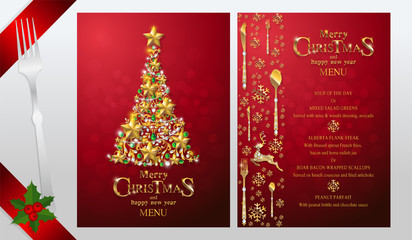 Obraz na płótnie Canvas Christmas Greeting and New Years dinner menu card templates with gold patterned and crystals on background color.