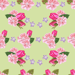 Vintage seamless pattern with cute pink geranium and rose buds. Hand-drawn floral background for textile, cover, wallpaper, gift packaging, printing.Romantic design for calico.