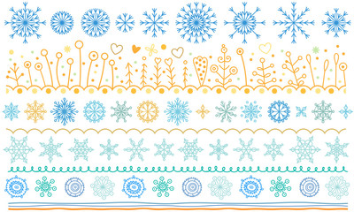 Seamless vector borders set. Christmas doodle patterns, symbols, snowflakes, hearts, flowers, waves, abstract hand drawn brush lines collections. New Year flat winter drawings, icons, desта