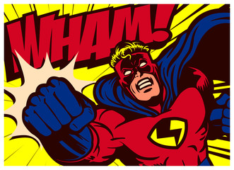 Pop art comics style superhero punching vector poster design wall decoration illustration