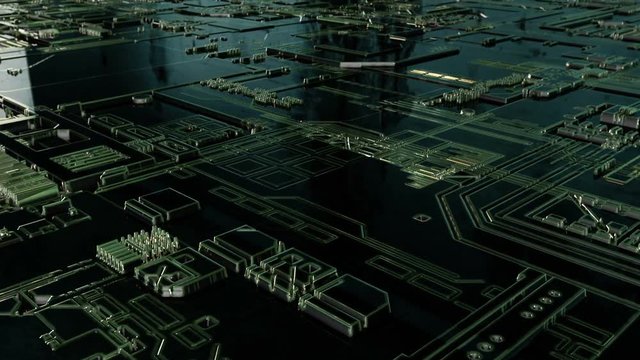 Flying over electric motherboard scheme.Futuristic technology HUD elements with digital data code.Good for technical intro.Techno advertisement or title opener.Type 3