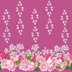 Vintage seamless pattern with cute pink geranium and rose buds. Hand-drawn floral background for textile, cover, wallpaper, gift packaging, printing.Romantic design for calico.