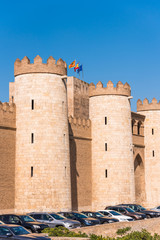 View of the palace Aljaferia, built in the 11th century in Zaragoza, Spain. Vertical. Copy space for text.