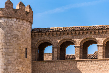 Naklejka premium View of the palace Aljaferia, built in the 11th century in Zaragoza, Spain. Close-up. Copy space for text.