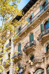 Beautiful building in the city center, Barcelona, Spain. Close-up. Vertical.