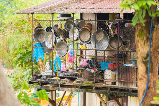 View of the building with kitchen utensils, Louangphabang, Laos. Close-up.