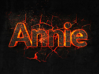 Annie Fire text flame burning hot lava explosion background.