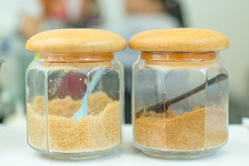 Sugar in jar use for refill hot coffee at coffee shop