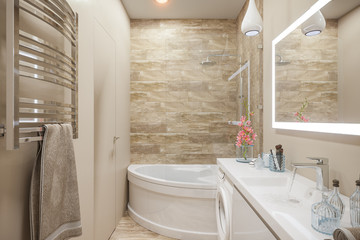 3d illustration of the interior of the bathroom in a modern style with a corner bath. Render interior design is executed in beige and white color