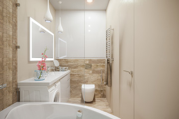 3d illustration of the interior of the bathroom in a modern style with a corner bath. Render interior design is executed in beige and white color