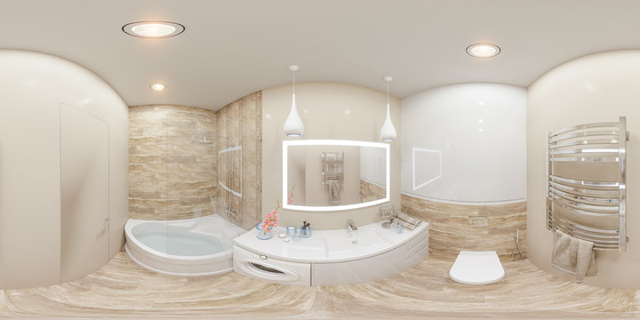 3d illustration spherical 360 degrees, seamless panorama of bathroom interior design in modern style. Interior Render for simulating virtual reality