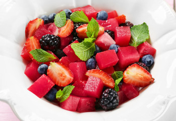 Bowl with yummy watermelon salad, closeup