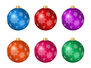 Set of six multicolored Christmas balls with vintage decoration isolated on white. Vector illustration