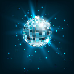 Blue Disco Ball with Light Rays. Glitter Shiny Background