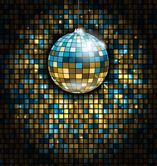 Golden Blue Disco Ball with Light Rays on Mosaic Glitter Background
