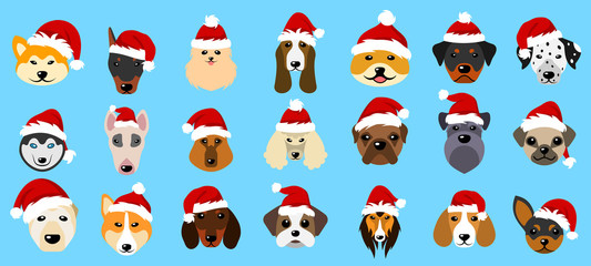 Set Different Breeds of Dogs in Hats of Santa Claus, Symbols New Year 2018
