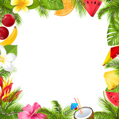 Summer Fruits Poster with Hibiscus, Frangipani Flowers