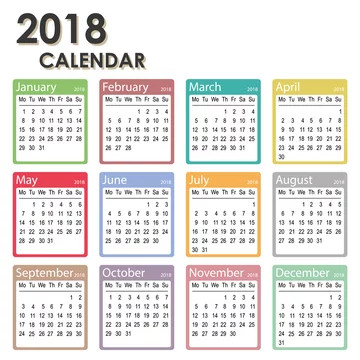 2018 year calendar, week starts on Monday, monthly calendar template, 2018  Printable Calendar Stock Vector | Adobe Stock