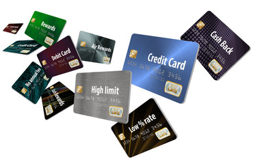 Choosing the right credit card is the theme of this illustration that includes cash back card, air miles rewards card, low interest rate card, high limit card, no annual fee card etc.