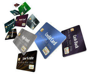 Choosing the right credit card is the theme of this illustration that includes cash back card, air miles rewards card, low interest rate card, high limit card, no annual fee card etc.