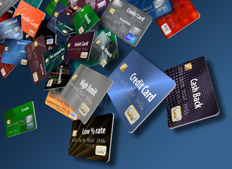 Choosing the right credit card is the theme of this illustration that includes cash back card, air miles rewards card, low interest rate card, high limit card, no annual fee card etc.