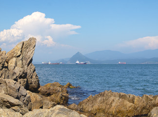Bay of Nakhodka. Ships in the raid. Mountain Sister