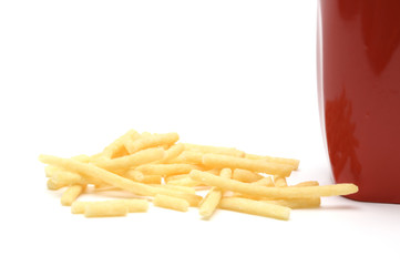 Many french fried on the white background