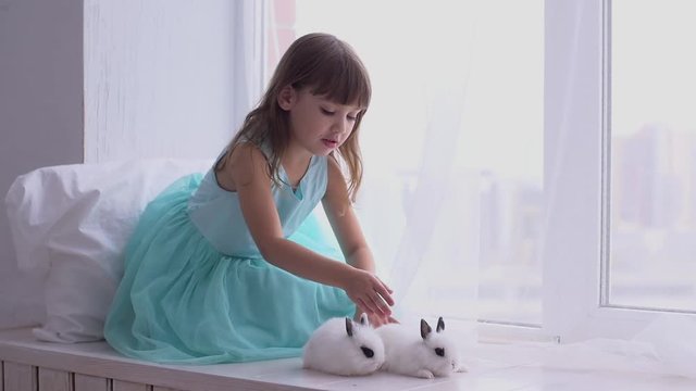 Pretty teen girl having fun, hugging and playing with decorative rabbit