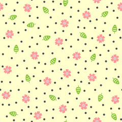 Cute flowers, leaves and round dots. Floral seamless pattern.