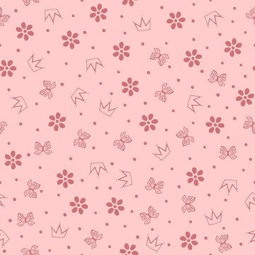 Flowers, butterflies, crowns and small round dots. Cute girly seamless pattern.