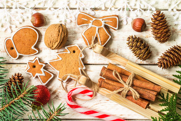 Christmas homemade gingerbread cookies over  table.