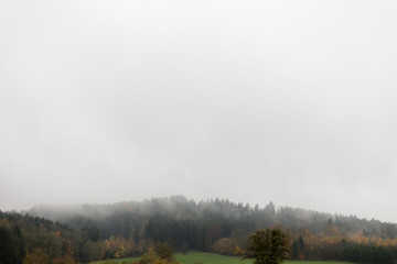 landscape with visible horizon on a foggy november day with indian fall colors