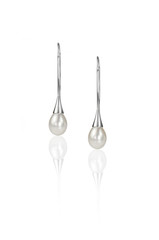 Silver drop pearl earrings modern styling isolated on white