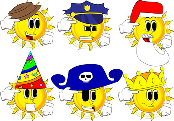 Cartoon sun put an imaginary gun to his head. Collection with costume. Expressions vector set.