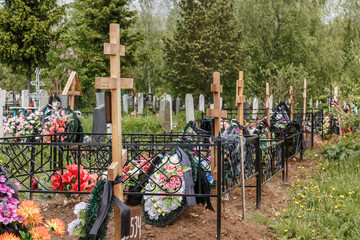 Cemetery in the Russian, fences and crosses