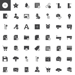 Add applications with plus sign vector icons set, modern solid symbol collection, filled style pictogram pack. Signs, logo illustration. Set includes icons as user, plus, file, document, link, save
