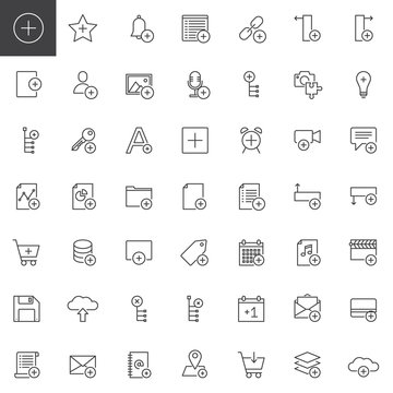 Add applications with plus sign line icons set, outline vector symbol collection, linear style pictogram pack. Signs, logo illustration. Set includes icons as user, plus, file, document, link, save