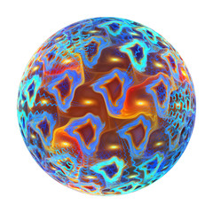 Fantastic planet. Abstract glass sphere with blue, red and yellow swirly shapes. Fantasy fractal design. Psychedelic digital art. 3D rendering.
