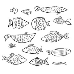 Set of cartoon kids vector outline fishes. Stylized digital hand drawn linear decorated aquarium or river fish for children color book, stickers